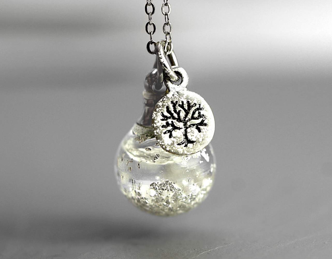 SNOW GLOBE winter necklace. Floating sterling pieces in liquid orb. Snowbound tiny tree. 925 silver.
